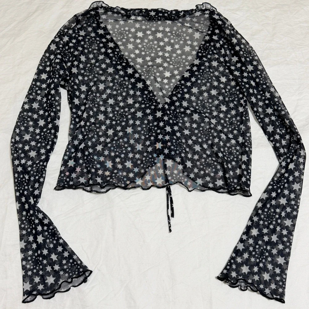 Free People Marne Star Sheer Mesh Top Women Small Black White Celestial Festival